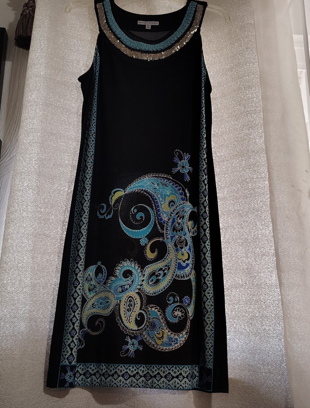 Sandra Darren Black Dress with Turquoise and Yellow Paisley Accents